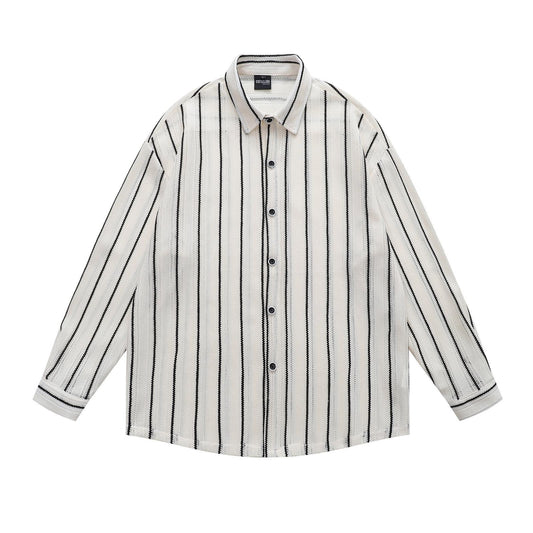 Cutout Striped Long Sleeve Shirt Unisex Loose Fit Hong Kong Retro Lazy Casual Couple Niche Streetwear Top | HK Stripe - Seldom Seen Styles