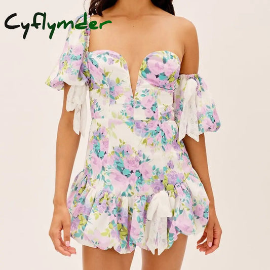 Cyflymder Puff Short Sleeve Boho Mini Dresses for Women Summer Fashion V-Neck Fashion Print Wedding Evening Dress Sexy Vestidos - Seldom Seen Styles