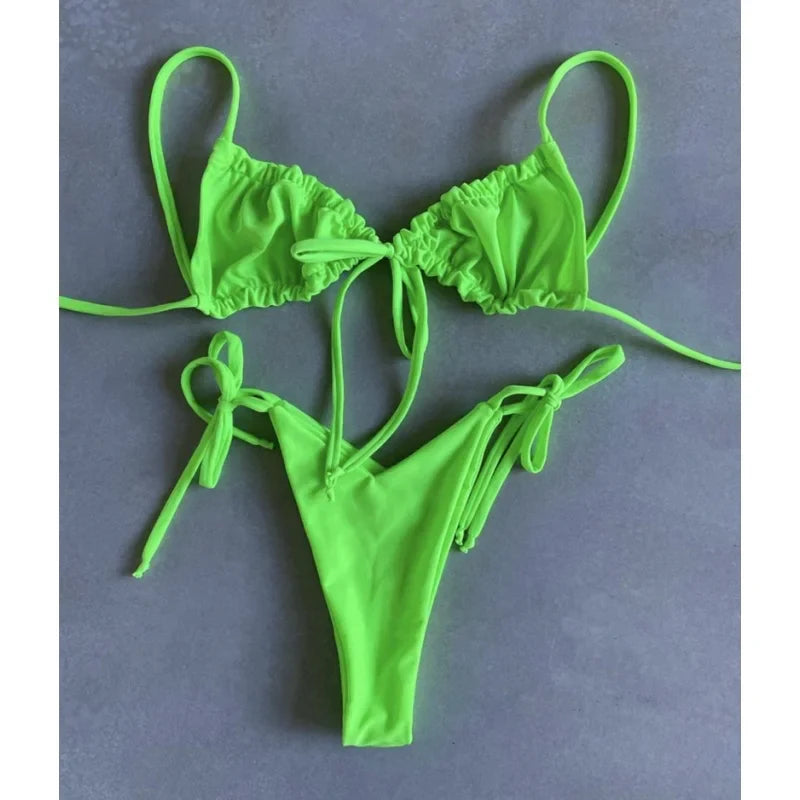 Cyflymder  Solid Split Micro Bikini Swimsuit Women Sexy Triangle Lace Up Bikini Push Up Summer New Bathing Suits Two Piece Beachwear - Seldom Seen Styles