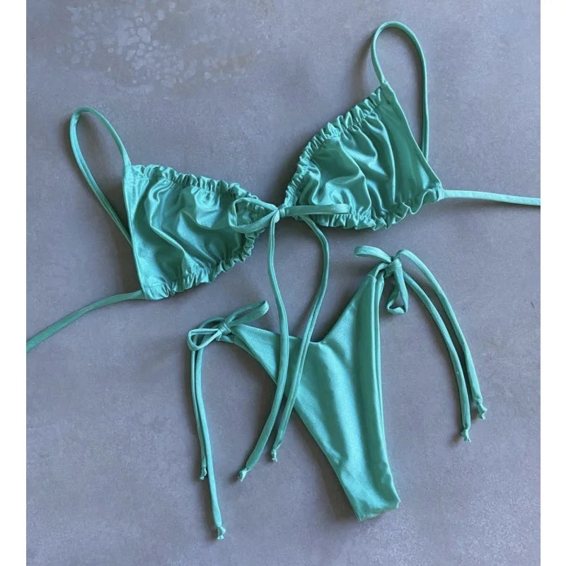 Cyflymder  Solid Split Micro Bikini Swimsuit Women Sexy Triangle Lace Up Bikini Push Up Summer New Bathing Suits Two Piece Beachwear - Seldom Seen Styles