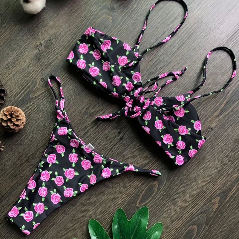 Cyflymder  Solid Split Micro Bikini Swimsuit Women Sexy Triangle Lace Up Bikini Push Up Summer New Bathing Suits Two Piece Beachwear - Seldom Seen Styles