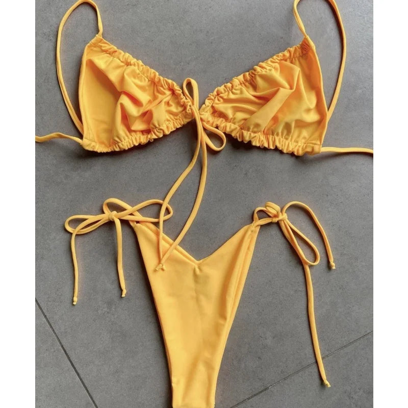 Cyflymder  Solid Split Micro Bikini Swimsuit Women Sexy Triangle Lace Up Bikini Push Up Summer New Bathing Suits Two Piece Beachwear - Seldom Seen Styles