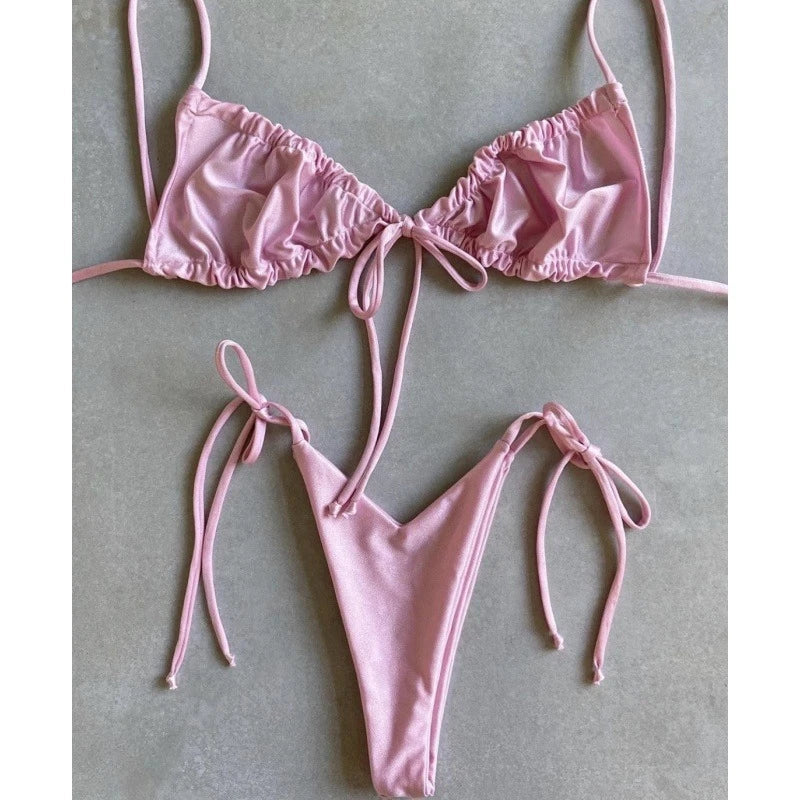 Cyflymder  Solid Split Micro Bikini Swimsuit Women Sexy Triangle Lace Up Bikini Push Up Summer New Bathing Suits Two Piece Beachwear - Seldom Seen Styles