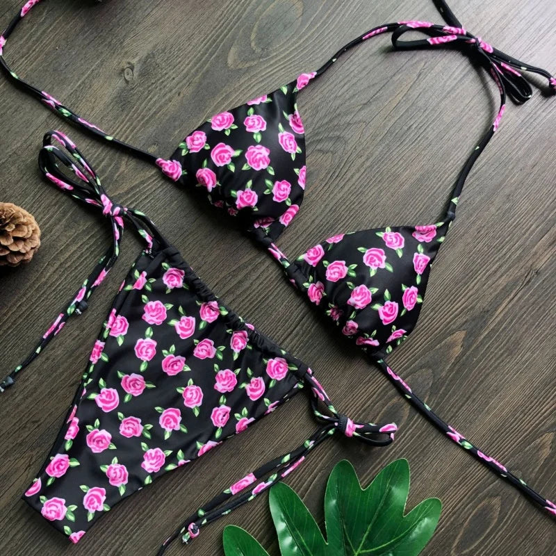 Cyflymder  Solid Split Micro Bikini Swimsuit Women Sexy Triangle Lace Up Bikini Push Up Summer New Bathing Suits Two Piece Beachwear - Seldom Seen Styles