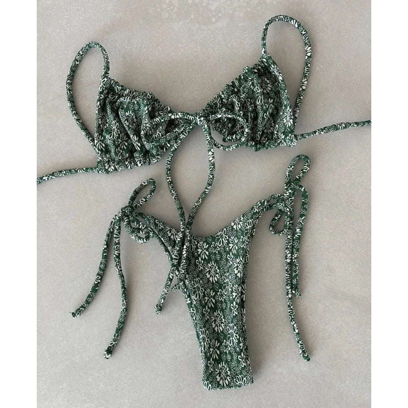 Cyflymder  Solid Split Micro Bikini Swimsuit Women Sexy Triangle Lace Up Bikini Push Up Summer New Bathing Suits Two Piece Beachwear - Seldom Seen Styles