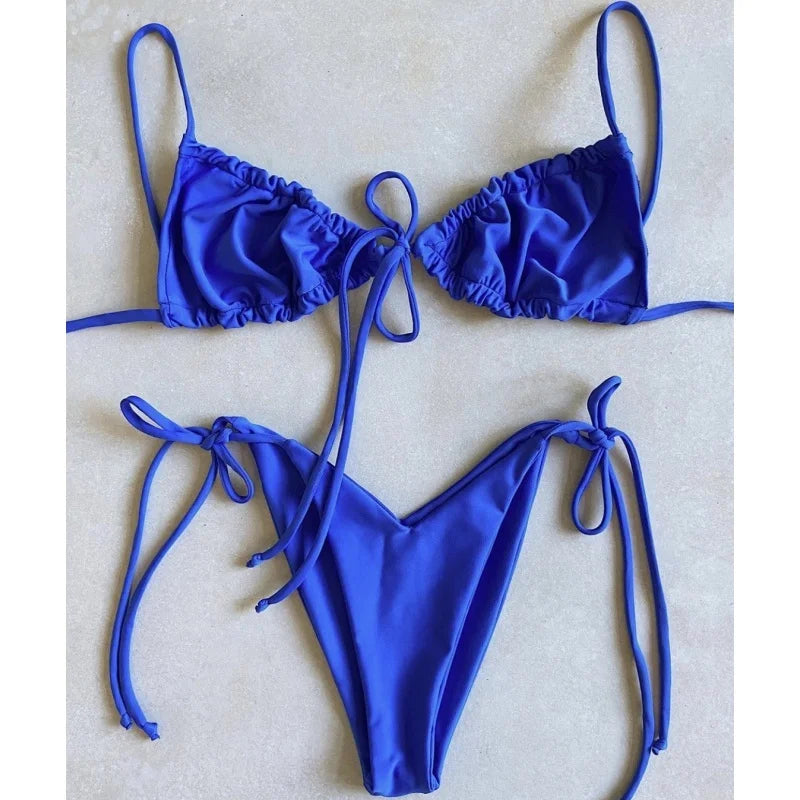 Cyflymder  Solid Split Micro Bikini Swimsuit Women Sexy Triangle Lace Up Bikini Push Up Summer New Bathing Suits Two Piece Beachwear - Seldom Seen Styles