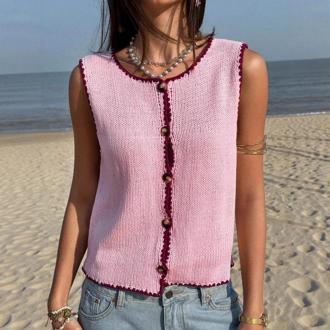Cyflymder  Summer New Women's Clothing Contrasting Color Hook Edge Vest Sleeveless Spice Girl Sweater - Seldom Seen Styles