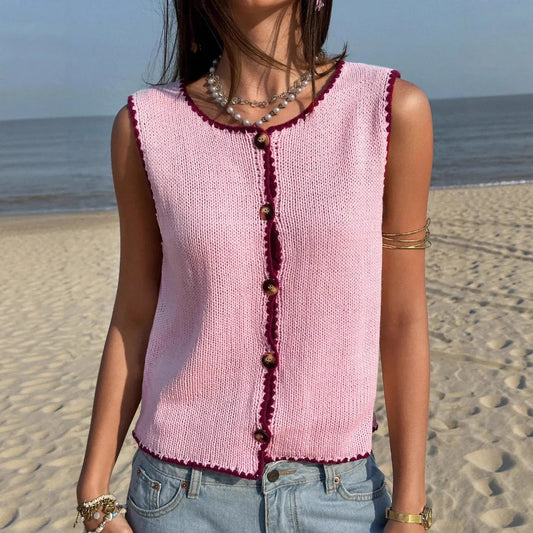 Cyflymder  Summer New Women's Clothing Contrasting Color Hook Edge Vest Sleeveless Spice Girl Sweater - Seldom Seen Styles