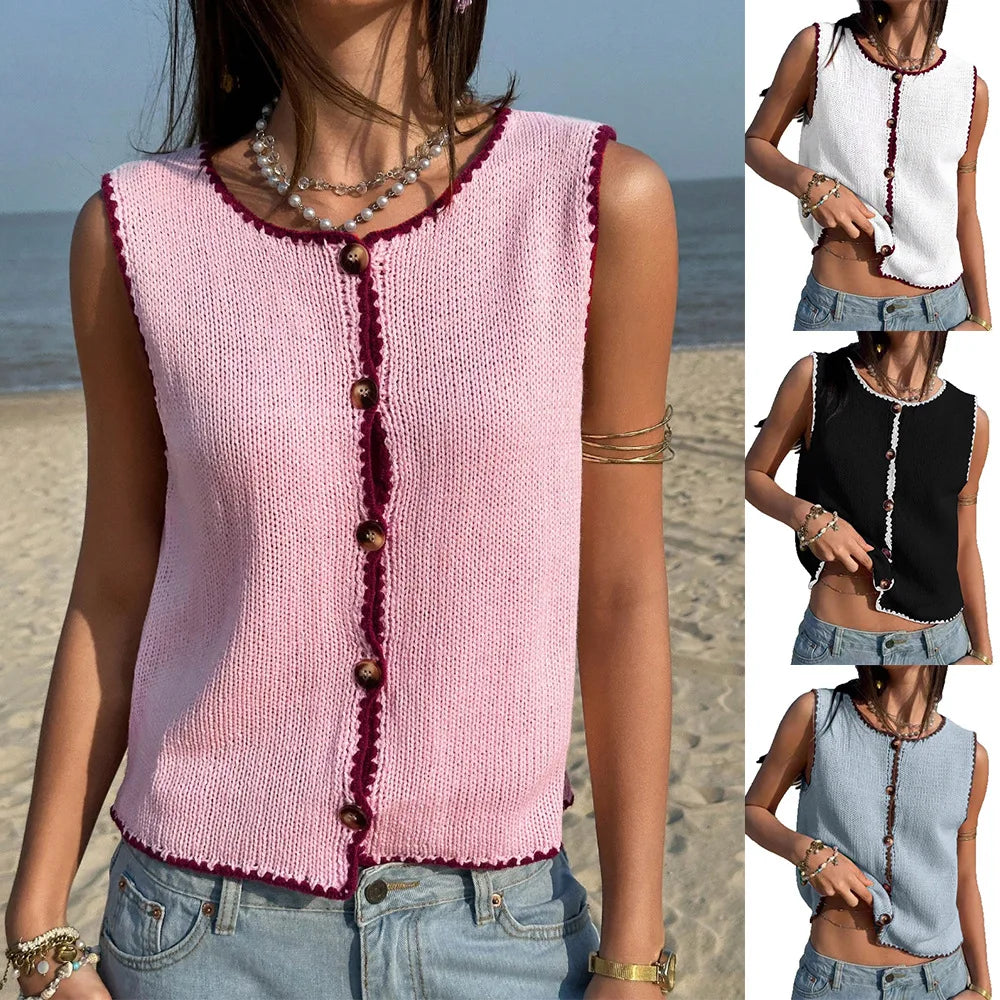 Cyflymder  Summer New Women's Clothing Contrasting Color Hook Edge Vest Sleeveless Spice Girl Sweater - Seldom Seen Styles