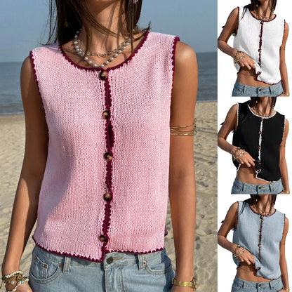 Cyflymder Sommer Neue Damenbekleidung Kontrastfarbener Hakenkanten-Westen-Ärmelloser Spice Girl Pullover