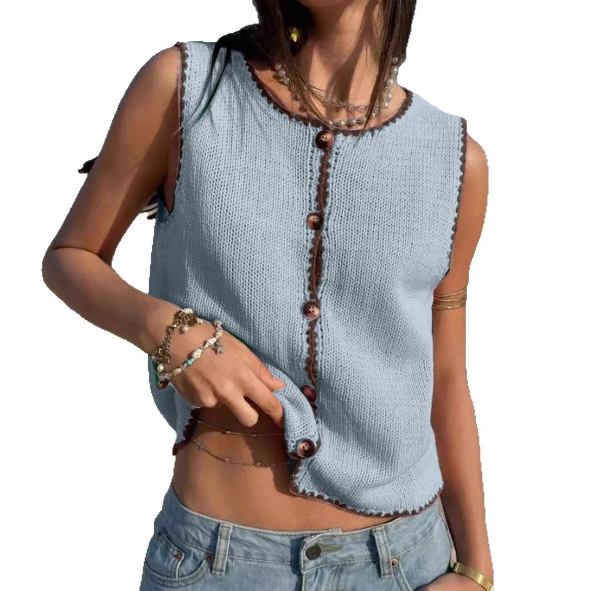 Cyflymder  Summer New Women's Clothing Contrasting Color Hook Edge Vest Sleeveless Spice Girl Sweater - Seldom Seen Styles