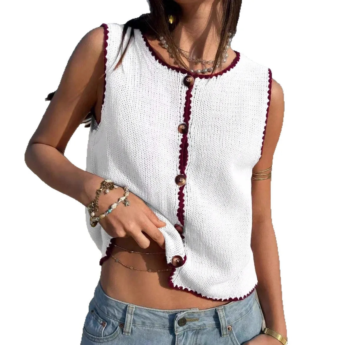 Cyflymder  Summer New Women's Clothing Contrasting Color Hook Edge Vest Sleeveless Spice Girl Sweater - Seldom Seen Styles