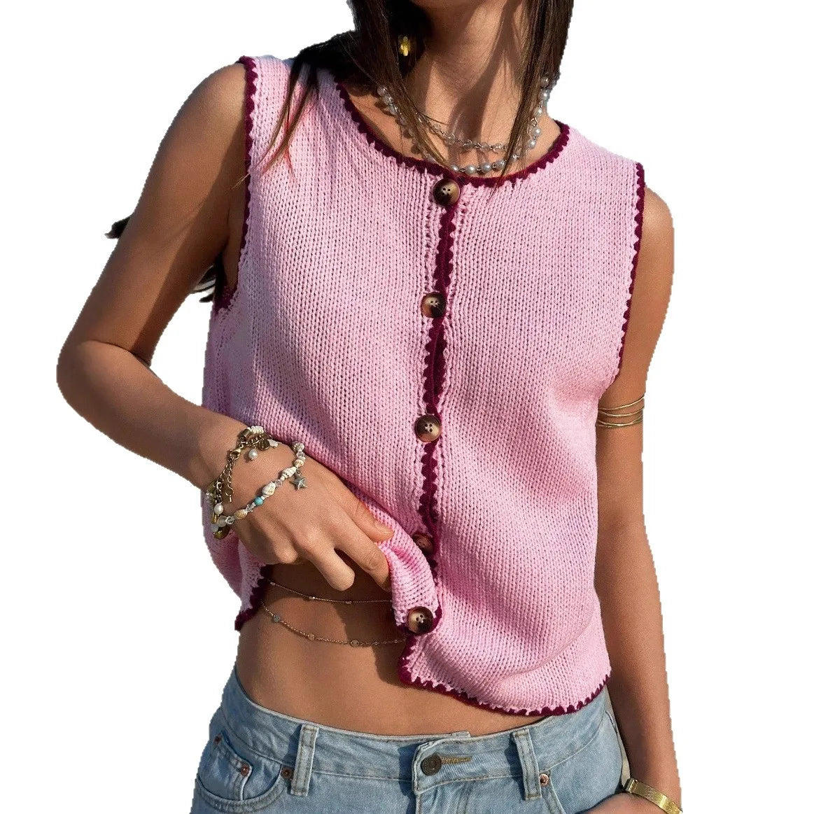 Cyflymder  Summer New Women's Clothing Contrasting Color Hook Edge Vest Sleeveless Spice Girl Sweater - Seldom Seen Styles