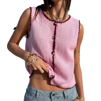 Cyflymder Sommer Neue Damenbekleidung Kontrastfarbener Hakenkanten-Westen-Ärmelloser Spice Girl Pullover