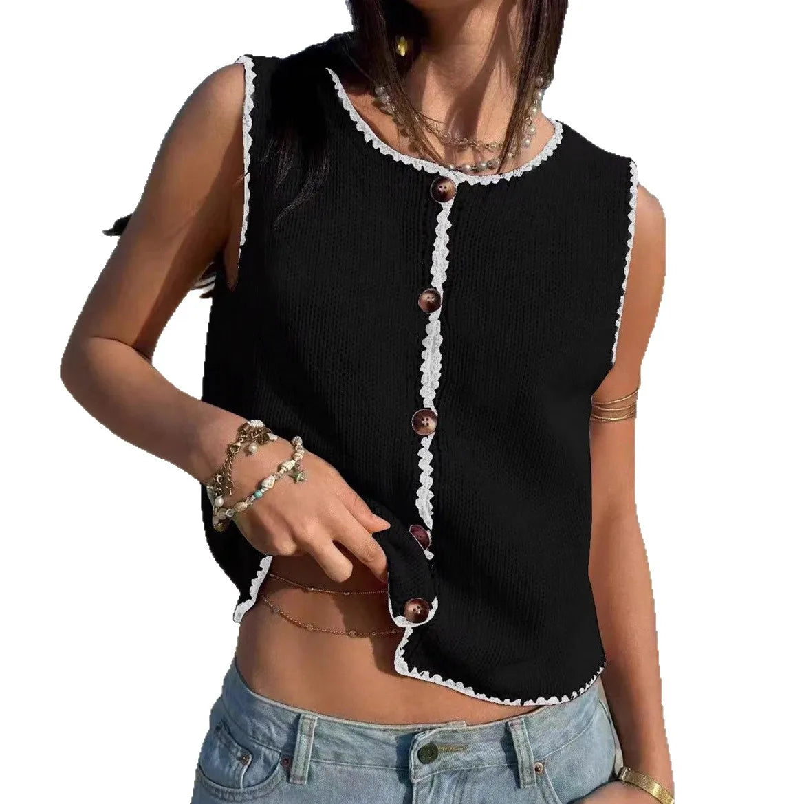Cyflymder  Summer New Women's Clothing Contrasting Color Hook Edge Vest Sleeveless Spice Girl Sweater - Seldom Seen Styles