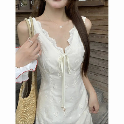 Cyflymder  White V-neck Lace-up Waist Vest Dress Women's Summer Sleeveless Backless Dress