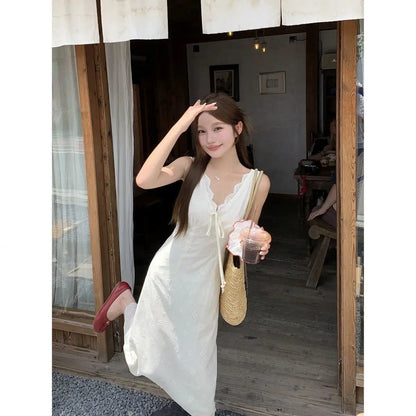 Cyflymder  White V-neck Lace-up Waist Vest Dress Women's Summer Sleeveless Backless Dress