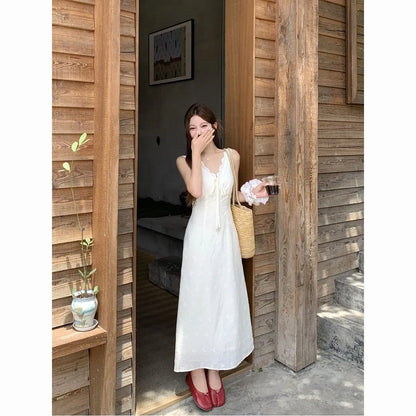 Cyflymder  White V-neck Lace-up Waist Vest Dress Women's Summer Sleeveless Backless Dress
