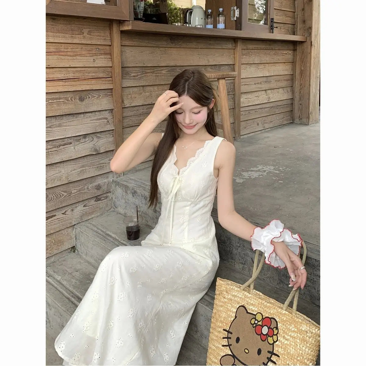 Cyflymder  White V-neck Lace-up Waist Vest Dress Women's Summer Sleeveless Backless Dress - Seldom Seen Styles