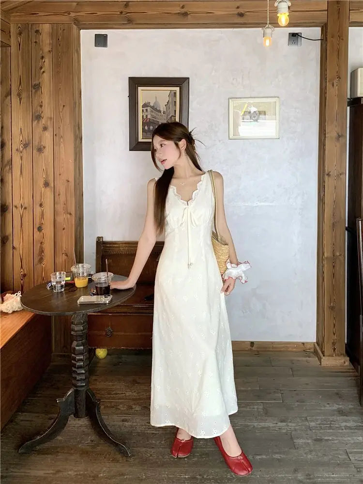 Cyflymder  White V-neck Lace-up Waist Vest Dress Women's Summer Sleeveless Backless Dress - Seldom Seen Styles