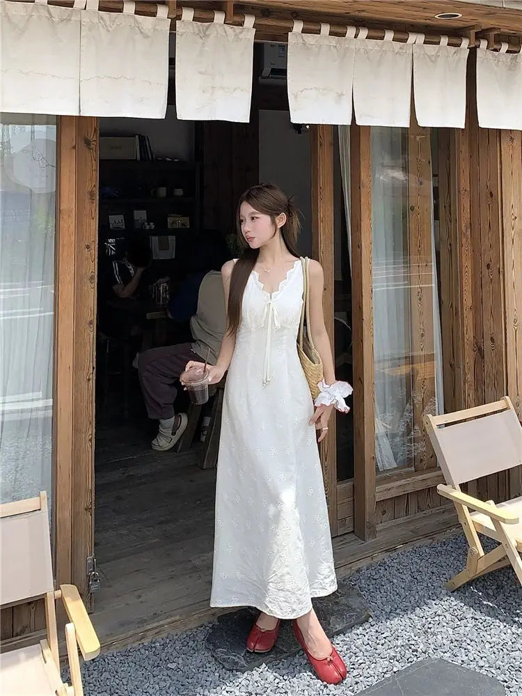 Cyflymder  White V-neck Lace-up Waist Vest Dress Women's Summer Sleeveless Backless Dress - Seldom Seen Styles