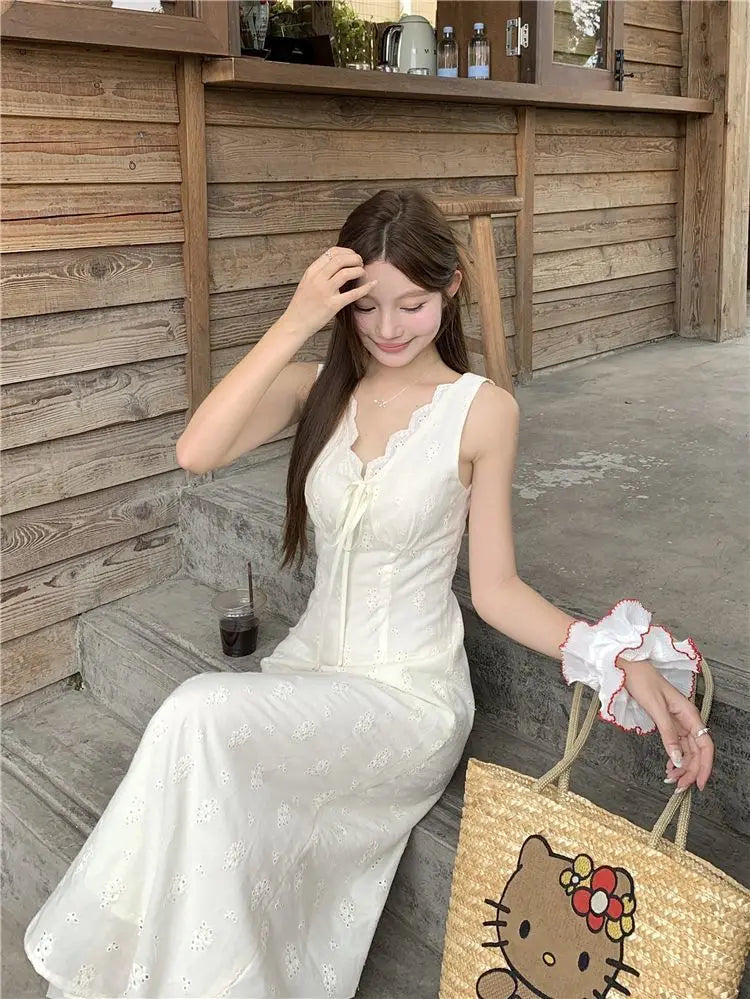 Cyflymder  White V-neck Lace-up Waist Vest Dress Women's Summer Sleeveless Backless Dress - Seldom Seen Styles
