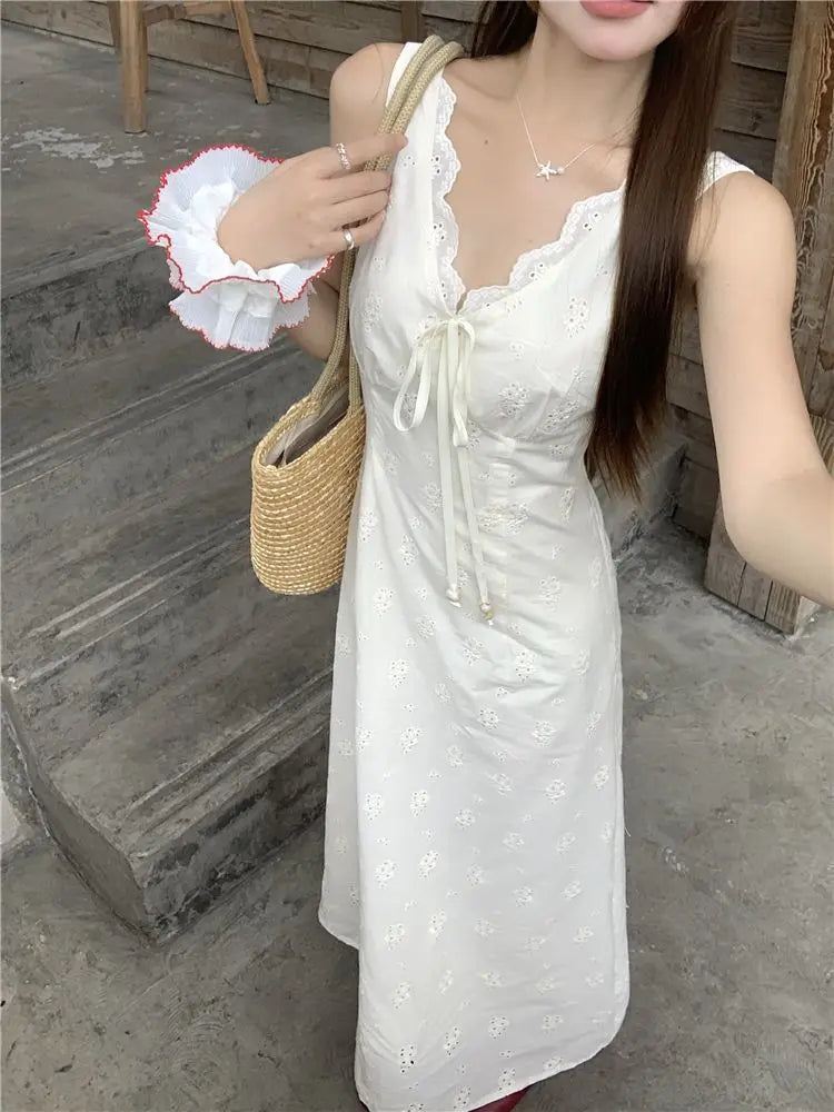 Cyflymder  White V-neck Lace-up Waist Vest Dress Women's Summer Sleeveless Backless Dress - Seldom Seen Styles