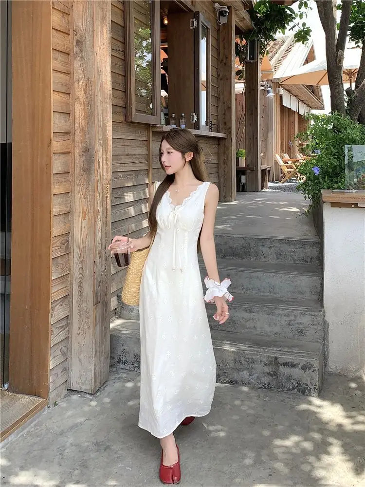Cyflymder  White V-neck Lace-up Waist Vest Dress Women's Summer Sleeveless Backless Dress - Seldom Seen Styles