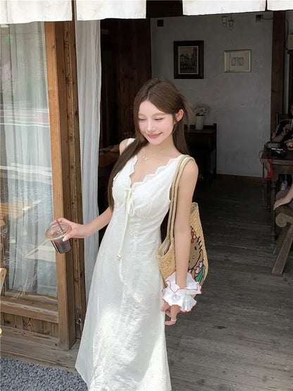 Cyflymder  White V-neck Lace-up Waist Vest Dress Women's Summer Sleeveless Backless Dress