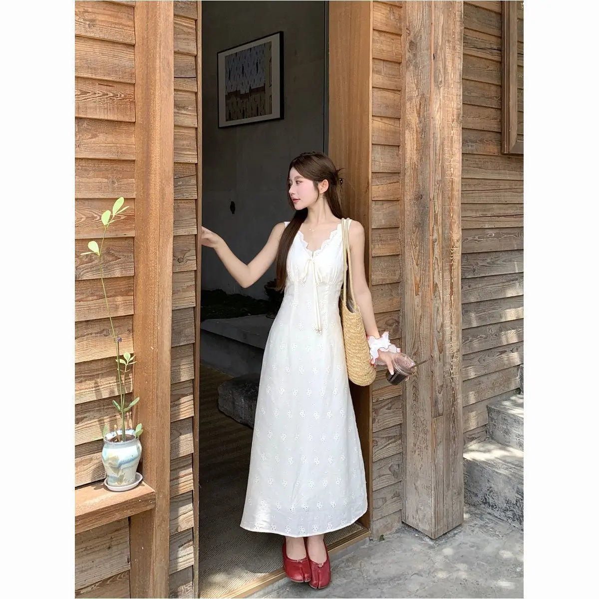 Cyflymder  White V-neck Lace-up Waist Vest Dress Women's Summer Sleeveless Backless Dress - Seldom Seen Styles