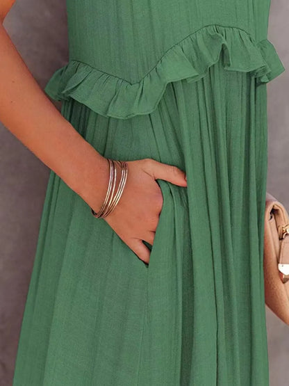 Women's Tiered Ruffle Maxi Dress with Pockets Smocked Halter Neckline Flowy Boho Summer Casual Long Dress