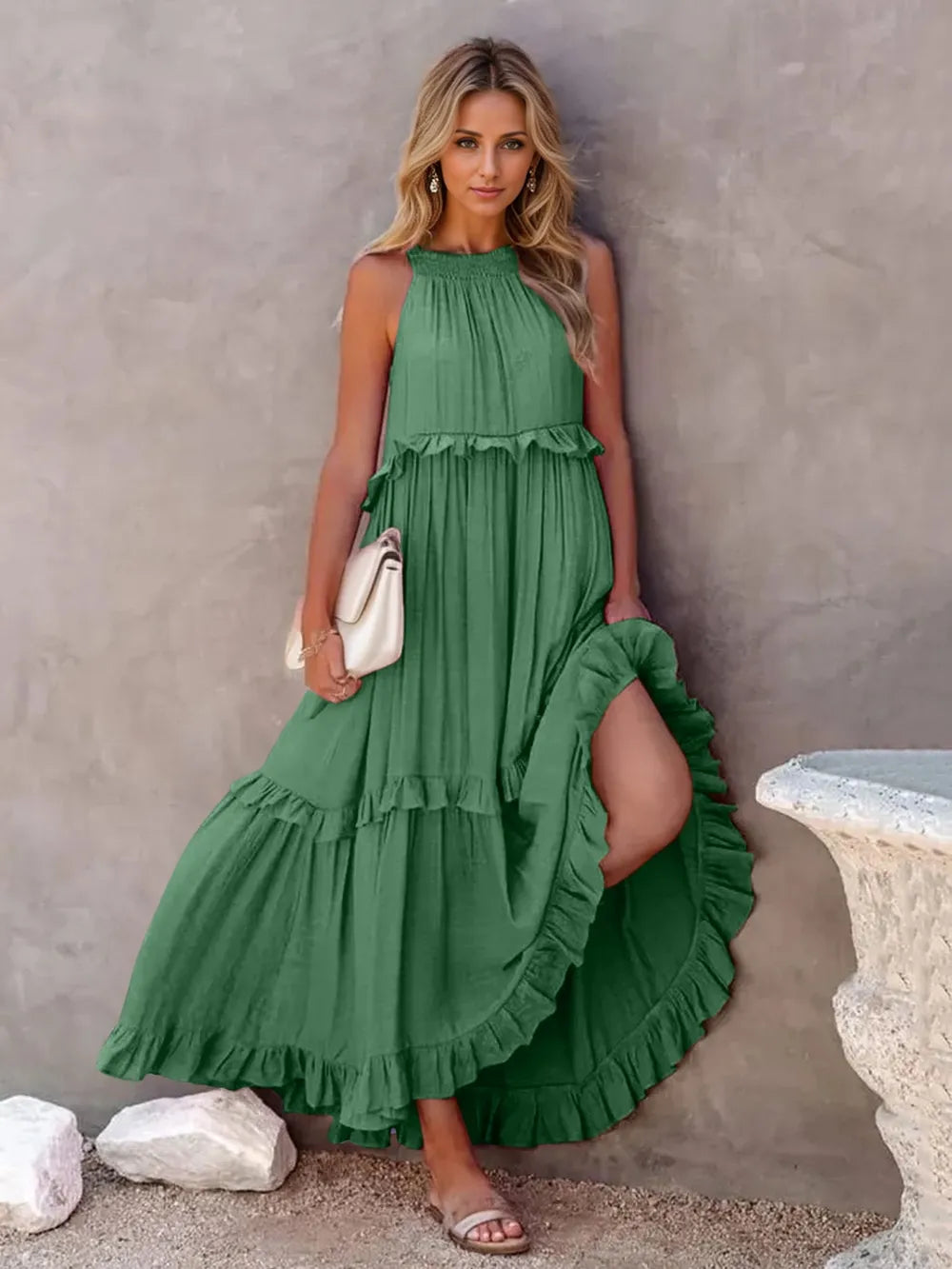 Women's Tiered Ruffle Maxi Dress with Pockets Smocked Halter Neckline Flowy Boho Summer Casual Long Dress - Seldom Seen Styles