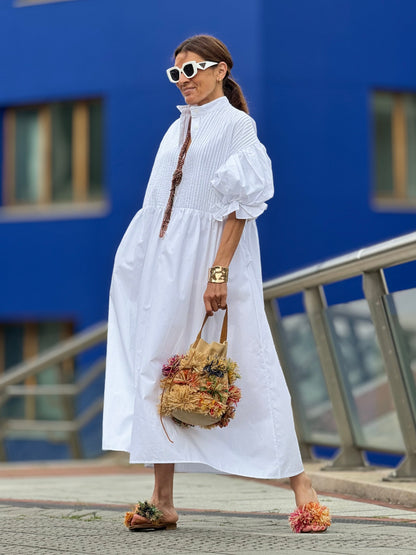 Women's White Maxi Dress Button Up Puff Sleeve Loose Fit Casual Summer Shirt Dress