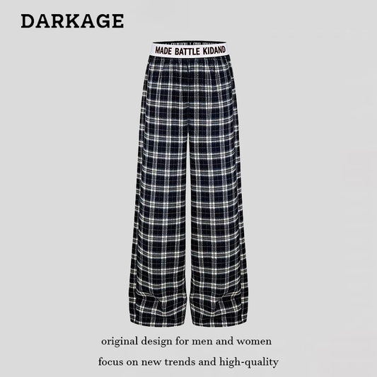 DARKAGE Plaid Wide-Leg Pants with Lettering Waistband - Seldom Seen Styles