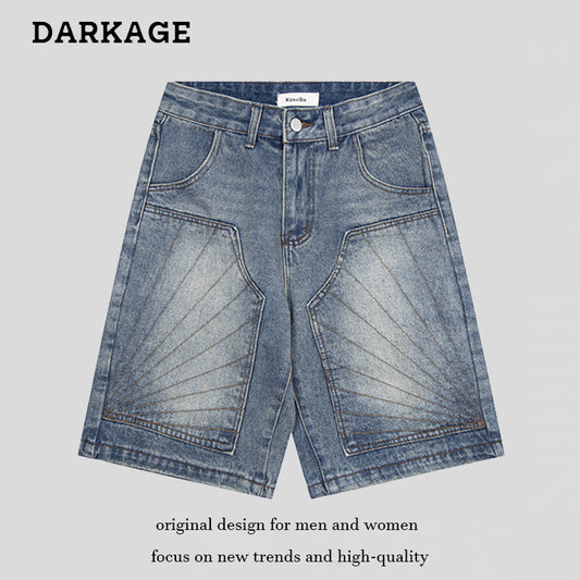 DARKAGE Vintage Washed Sunburst Pleated Denim Shorts - Seldom Seen Styles