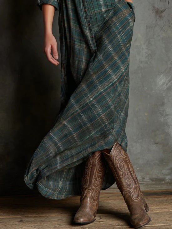 Green Plaid Lapel Single-Breasted Shirt Long Dress - Seldom Seen Styles