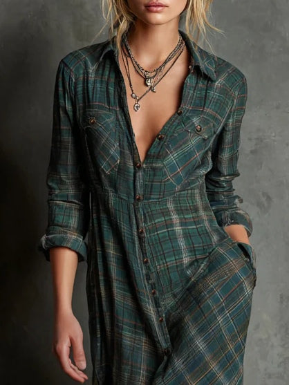 Green Plaid Lapel Single-Breasted Shirt Long Dress - Seldom Seen Styles