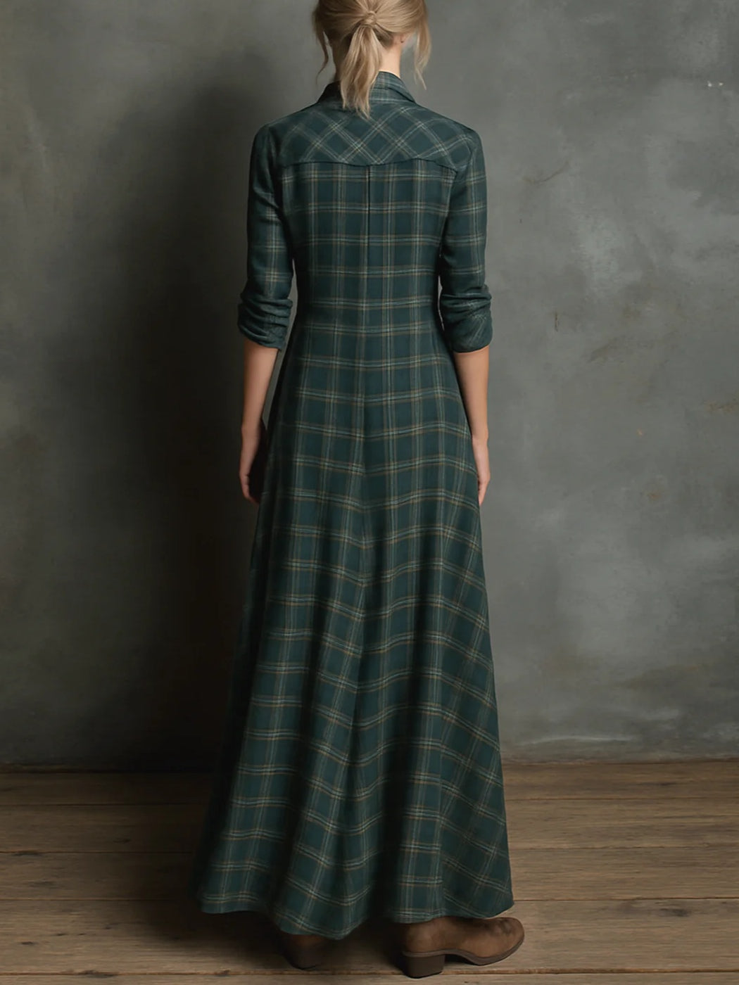 Green Plaid Lapel Single-Breasted Shirt Long Dress - Seldom Seen Styles
