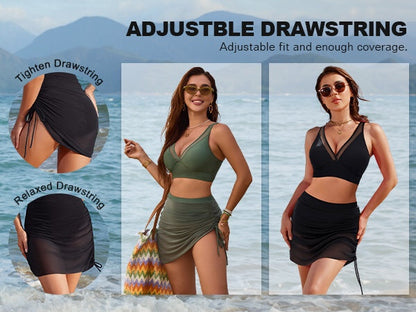 Women's Leopard Print Bikini Set High Waisted Swimsuit with Mesh Sarong Skirt
