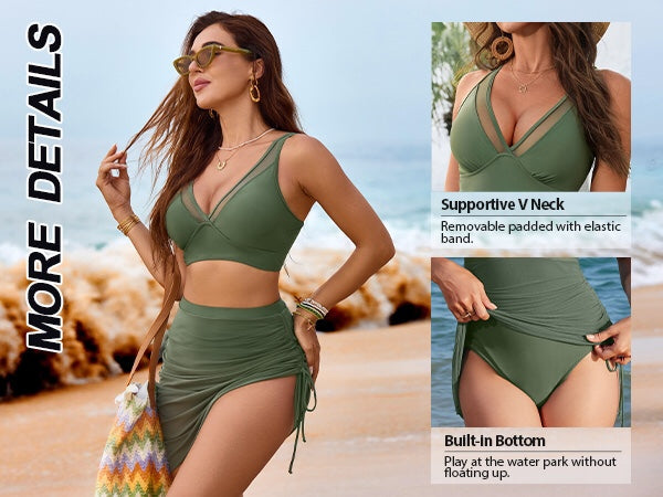 Women's Leopard Print Bikini Set High Waisted Swimsuit with Mesh Sarong Skirt - Seldom Seen Styles
