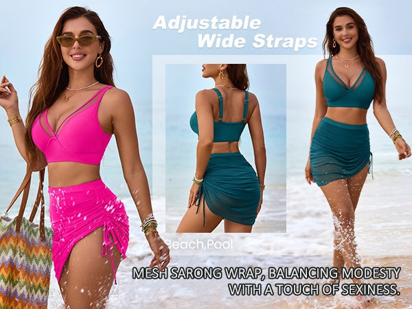 Women's Leopard Print Bikini Set High Waisted Swimsuit with Mesh Sarong Skirt - Seldom Seen Styles