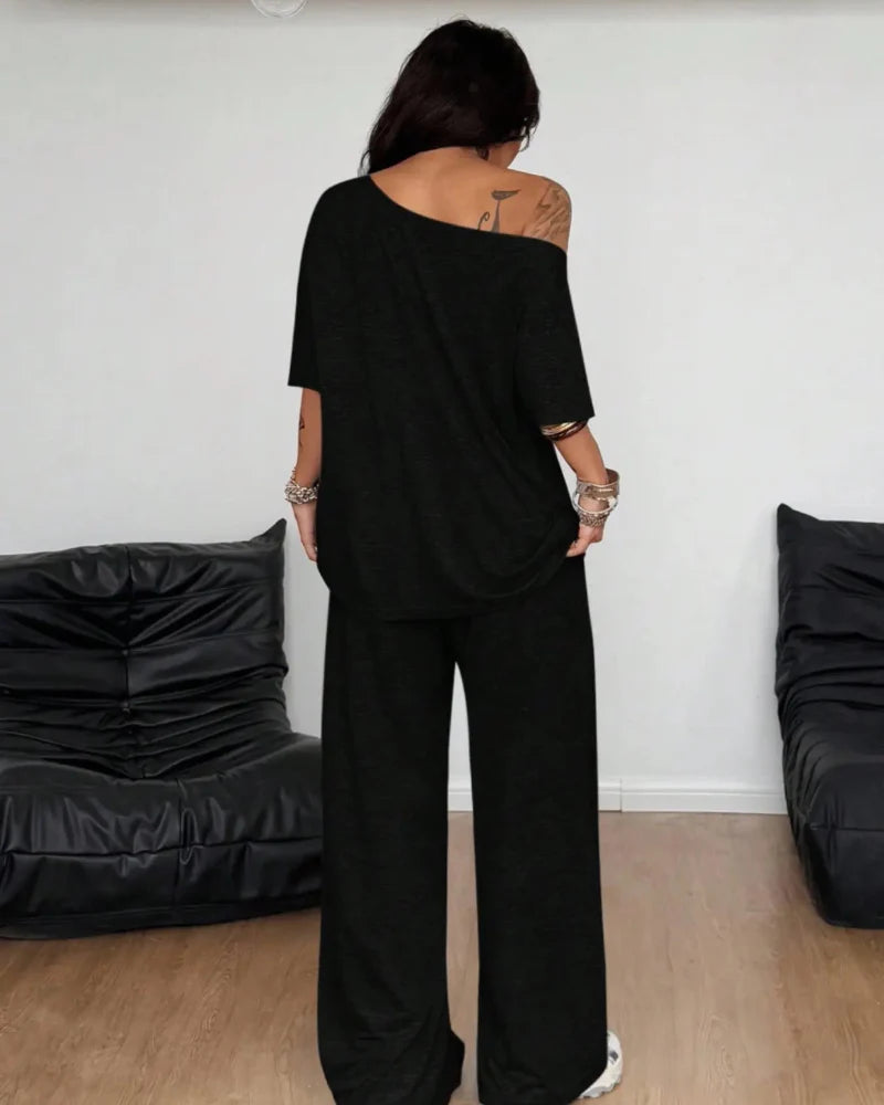Women's Two Piece Lounge Set Off Shoulder Top and Wide Leg Pants Casual Loose Fit Outfit - Seldom Seen Styles