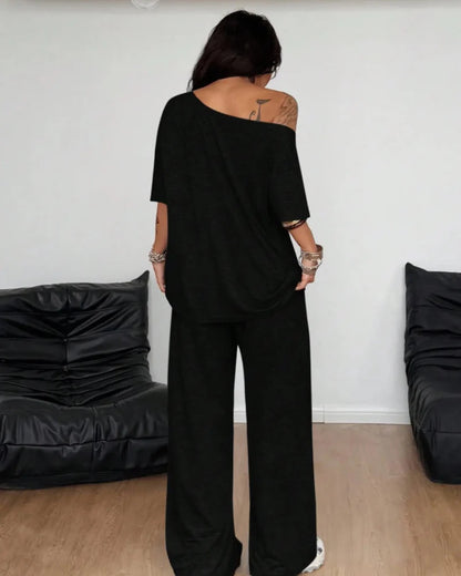 Women's Two Piece Lounge Set Off Shoulder Top and Wide Leg Pants Casual Loose Fit Outfit
