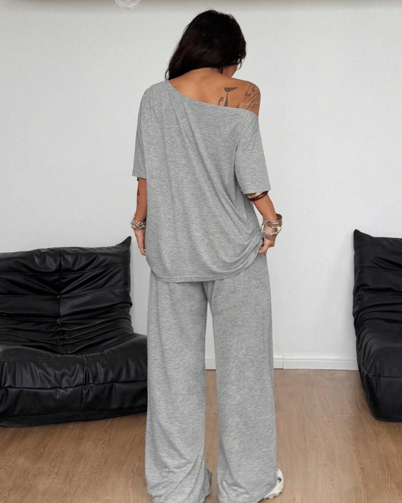 Women's Two Piece Lounge Set Off Shoulder Top and Wide Leg Pants Casual Loose Fit Outfit - Seldom Seen Styles