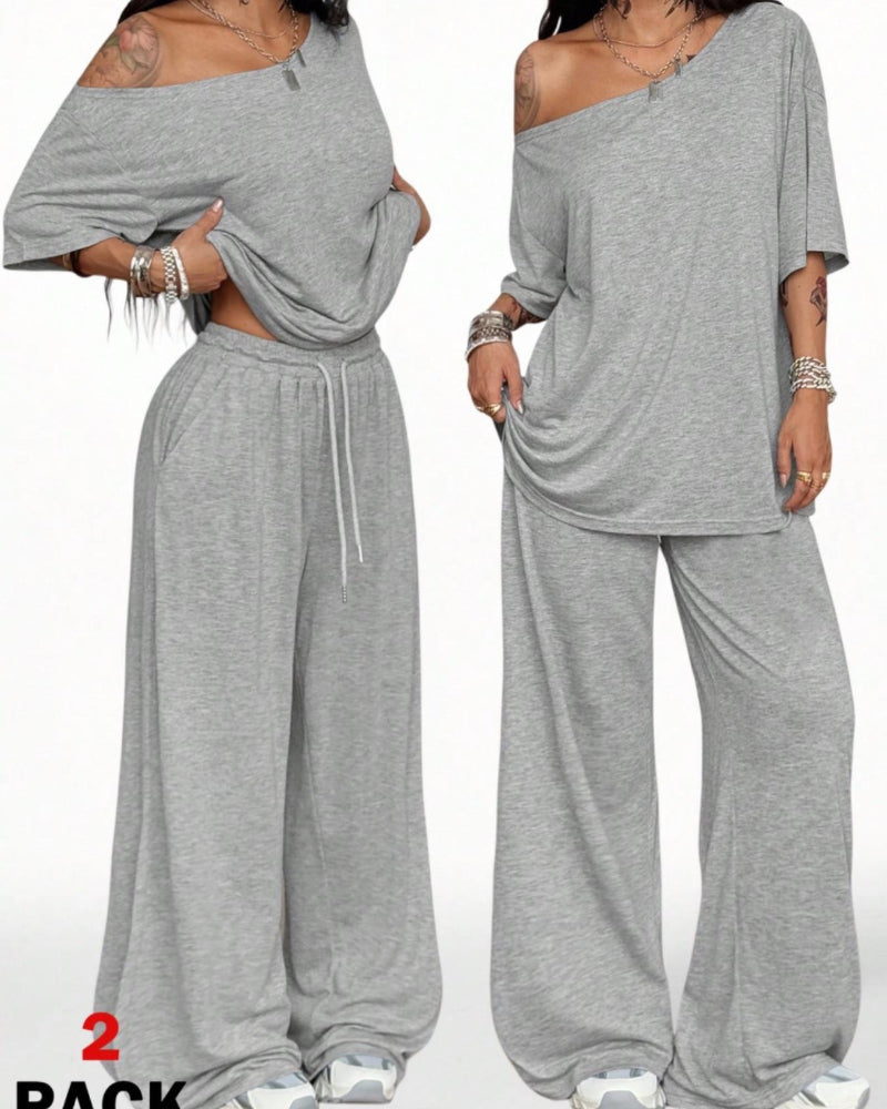 Women's Two Piece Lounge Set Off Shoulder Top and Wide Leg Pants Casual Loose Fit Outfit - Seldom Seen Styles