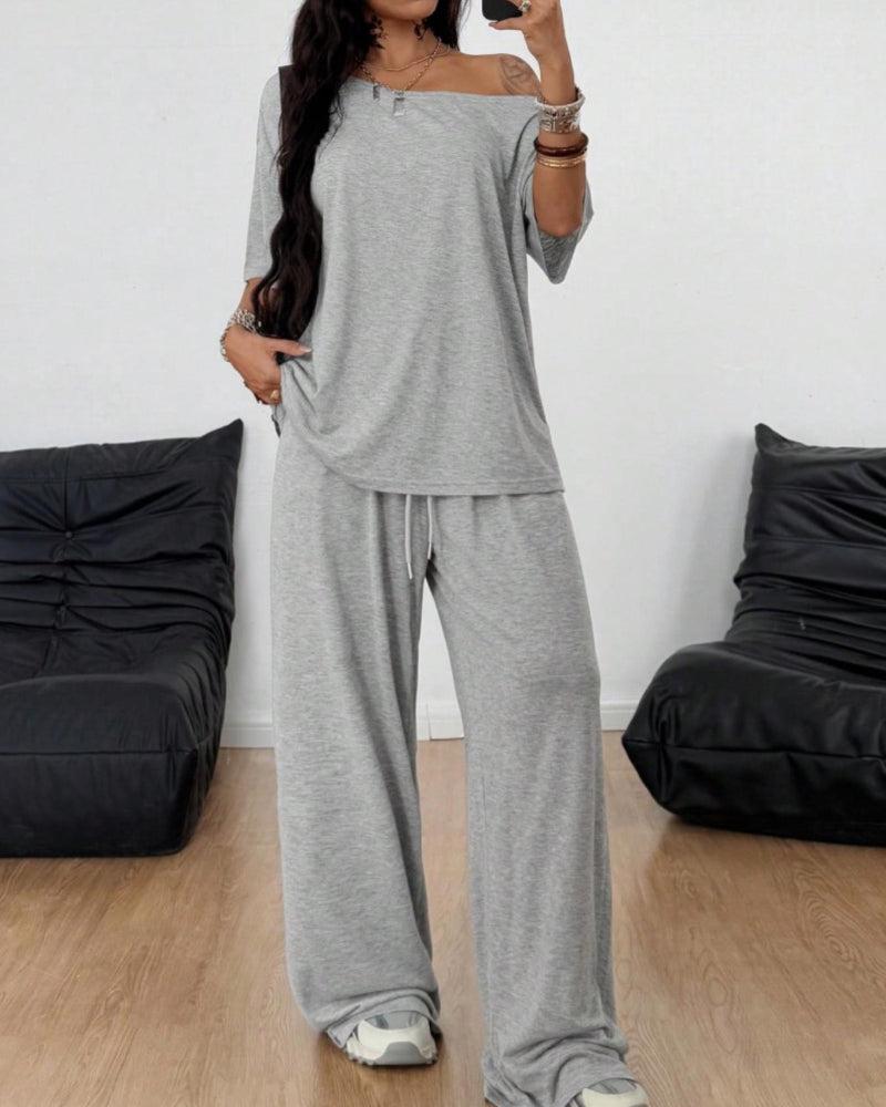 Women's Two Piece Lounge Set Off Shoulder Top and Wide Leg Pants Casual Loose Fit Outfit - Seldom Seen Styles