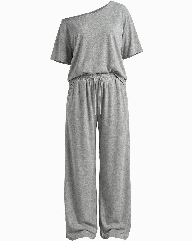 Women's Two Piece Lounge Set Off Shoulder Top and Wide Leg Pants Casual Loose Fit Outfit - Seldom Seen Styles