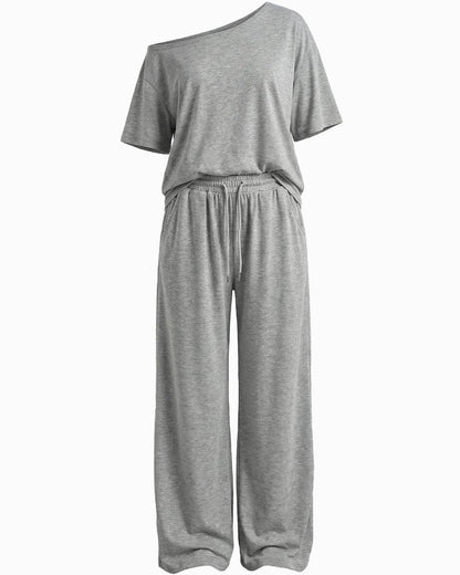 Women's Two Piece Lounge Set Off Shoulder Top and Wide Leg Pants Casual Loose Fit Outfit