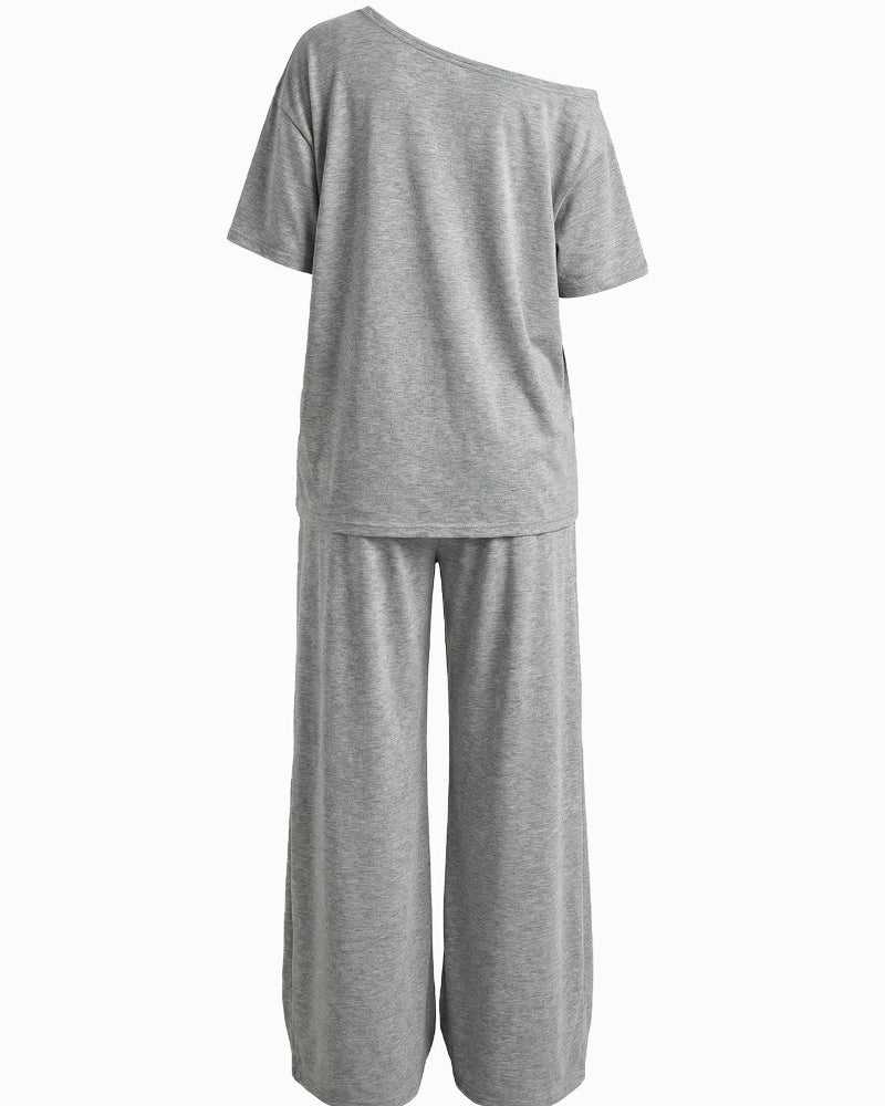 Women's Two Piece Lounge Set Off Shoulder Top and Wide Leg Pants Casual Loose Fit Outfit - Seldom Seen Styles