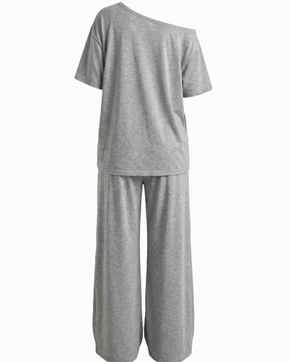 Women's Two Piece Lounge Set Off Shoulder Top and Wide Leg Pants Casual Loose Fit Outfit